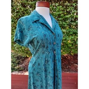 Vintage 90's Fine Wale Corduroy Floral Print Midi Button Down Dress Teal Small